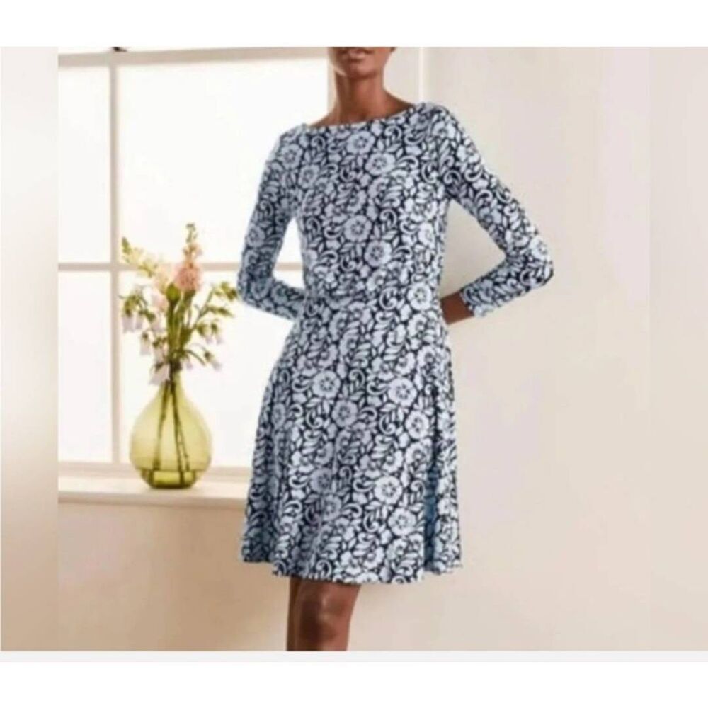 Boden Nellie Blue Hibiscus Floral Jersey Dress Sz 14R
